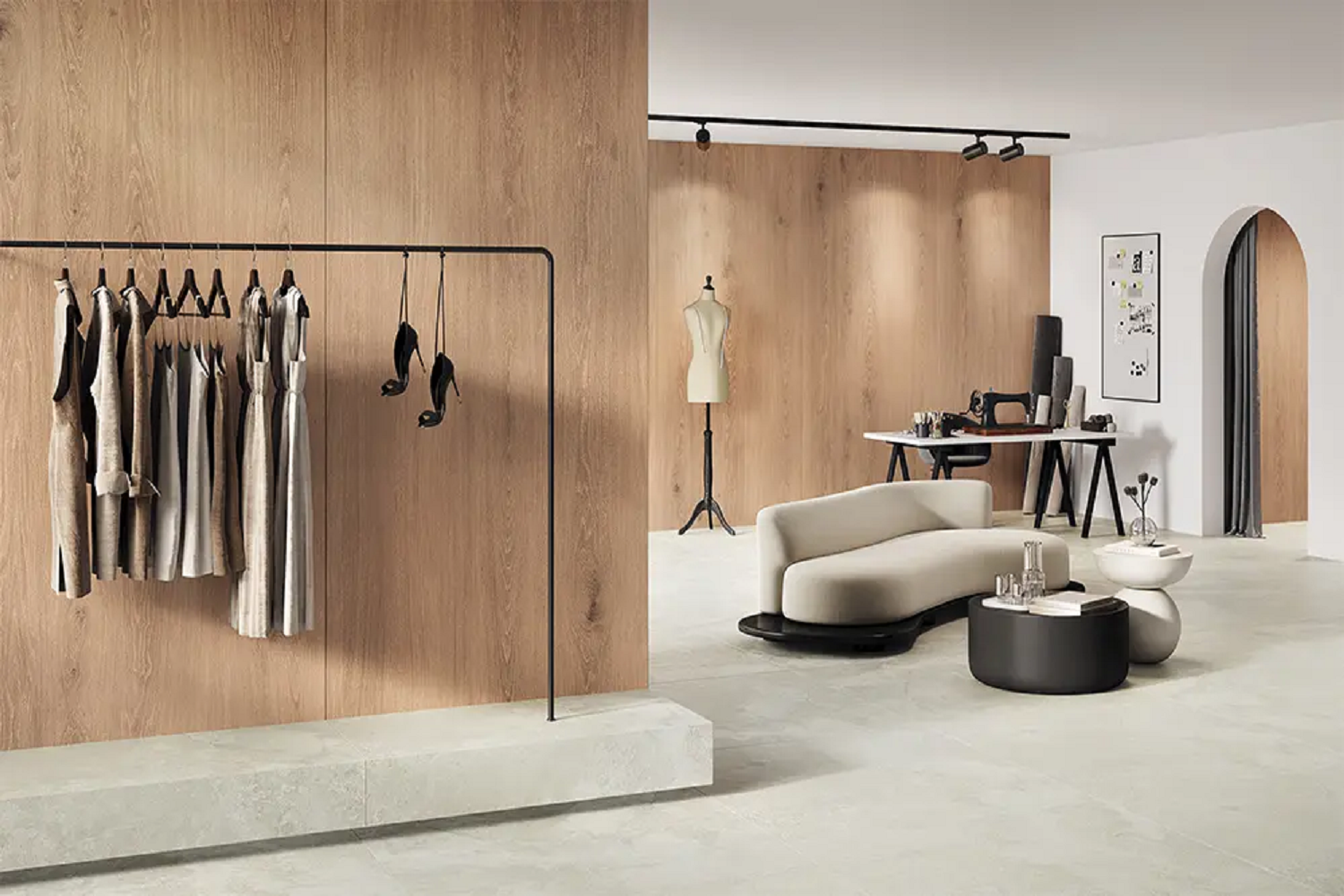 Minimalistyczne atelier z drewnianymi akcentami